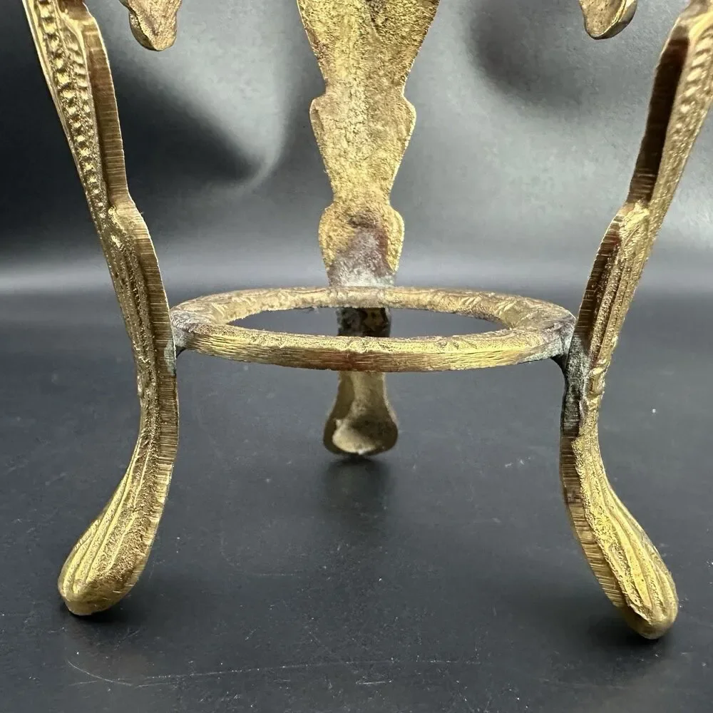 Vintage Crackle Glass Cone Vase Ornate Brass Grape Pod Tripod Stand Set MCM 5.5